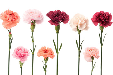 Fototapeta premium Pink Red Peach Coral Carnations on Transparent Background, PNG