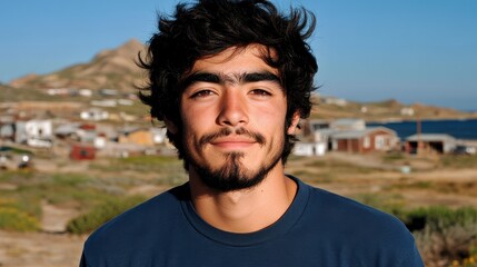 A young man stands in front of a picturesque coastal village, smiling with a relaxed demeanor. The sun shines brightly, illuminating the vibrant houses in the background