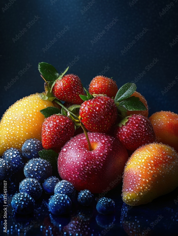 Poster fresh fruits arranged on a dark background with water droplets glistening under soft light. generati