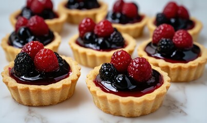 Delightful berry tarts arranged on a white marble countertop