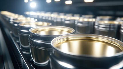 Metallic Gold-Rimmed Containers on Conveyor Belt: Industrial Production Close-Up