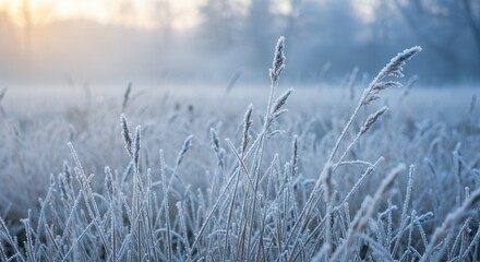 Fototapeta premium Frosty Grass Field at Sunrise Morning Mist Nature Winter Scenery