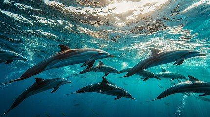 Obraz premium Stunning underwater shot of dolphins swimming in ocean sunlight sea blue fish life group photo image