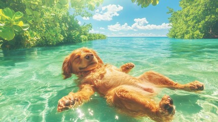Funny dog relaxing on the beach in summer day. Vacation, rest concept.
