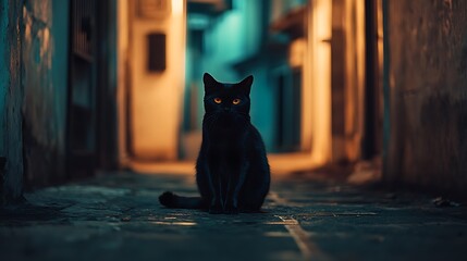 Black cat sitting in dark alley at night.