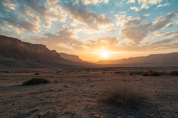 Stunning desert landscape sunset golden hour dramatic sky mountains rocks arid view wild sand hill