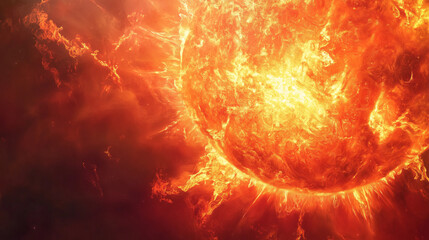 Obraz premium A zoomed-in view of the Sunâs fiery surface, capturing intense solar flares and turbulent plasma eruptions.