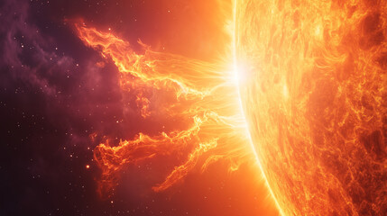A zoomed-in view of the Sunâs fiery surface, capturing intense solar flares and turbulent plasma eruptions.
