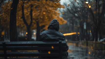 A lone figure sits on a park bench in the rain, autumn leaves falling around them.