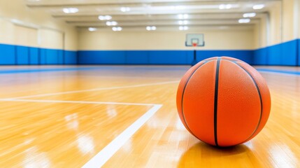 A close-up of a basketball resting on a polished court floor in an empty gymnasium