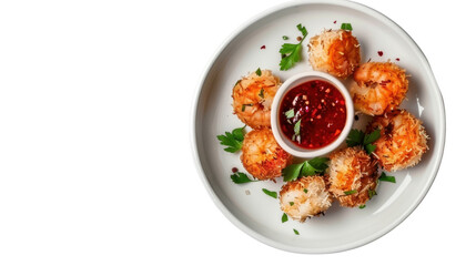 Coconut shrimps with dipping sauce on white plate with transparent background