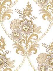 Intricate floral pattern with gold and pearl accents on a transparent background.