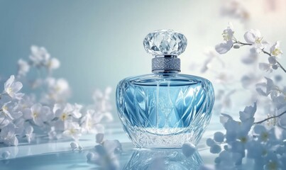Elegant perfume bottle on light blue background with delicate white flowers