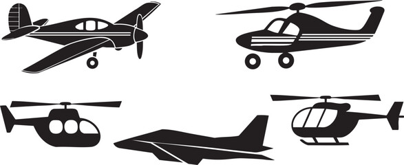 Simple Black and White Airplane and Helicopter Silhouettes