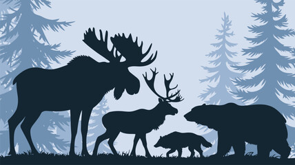 Silhouettes of Moose, Deer, Bear, and Wolf in a Winter Forest