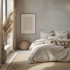 A cozy bedroom displaying interior decor featuring neutral earth tones