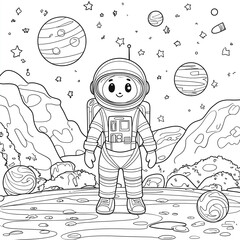  Kolorowanka dla dzieci, astronauta i planety w kosmosie - Ilustracja czarno-biała