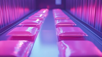 Obraz premium Pink Packages on Futuristic Conveyor Belt in Neon Light
