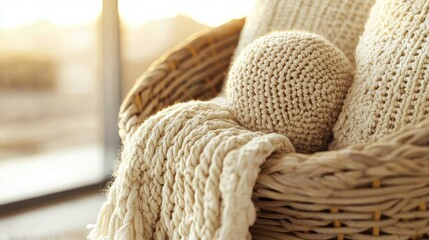 Obraz premium Wicker basket filled with cozy pillows and blanket. Soft sunlight fills space