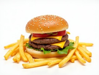 Hamburger with fries stack on white