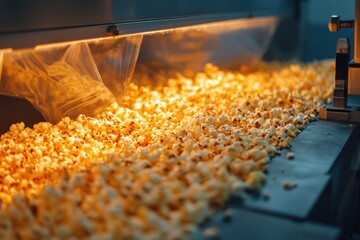 Popcorn Production: Golden Kernels Flowing on Conveyor Belt