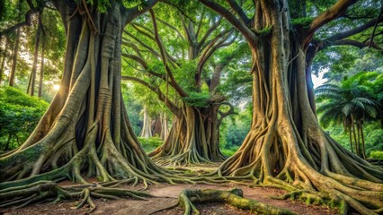 Dense foliage with massive tree trunks and twisted roots, ancient, tropical,  ancient, tropical, mysterious, green