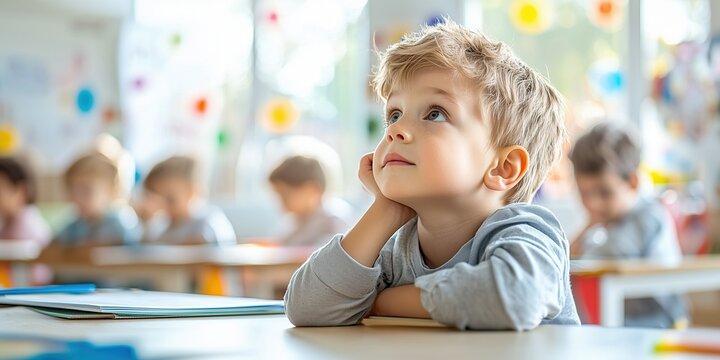 A young boy sitting at a desk in a classroom, looking up thoughtfully with a curious expression.