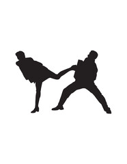 Silhouette illustration depicts a dramatic scene of a woman violance a man.