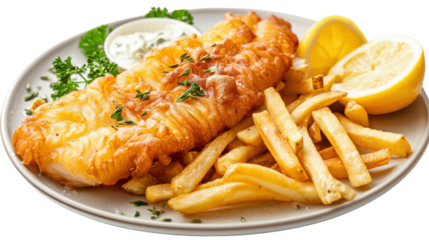 Crispy fried fish and chips with tartar sauce, lemon, and parsley on transparent background