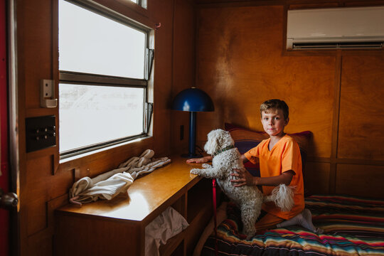 Boy Petting Dog looking out window