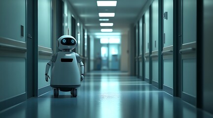 Robot assistant navigating a hospital corridor during the day