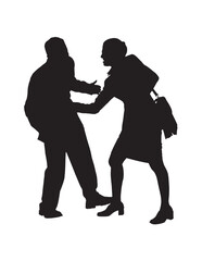 Silhouette illustration depicts a dramatic scene where a woman is kicking a man.