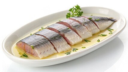 Pickled herring fillets served in oil with herbs