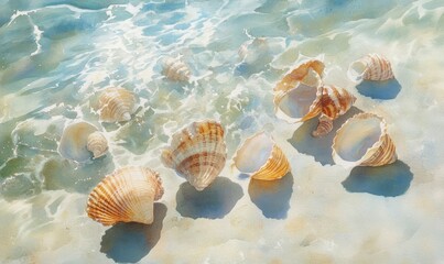 Softly glowing sea shells scattered on a serene ocean floor, watercolor, tropical