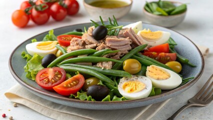 Fresh Niçoise salad with tuna, eggs, and vegetables on a plate