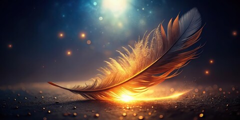 A glowing ember feather floats gently on a dark background, surrounded by subtle shadows and ambient light, with an ethereal glow emanating from its core , ethereal, feathers