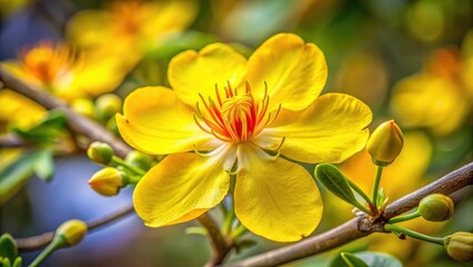 Fototapeta premium Close-up of Ochna integerrima flower in vibrant yellow, with intricate details and soft petals , yellow, botanical, yellow