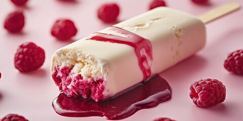 creamy vanilla ice cream encased in glossy white chocolate, cut open to reveal juicy raspberry syrup, soft pink and red hues