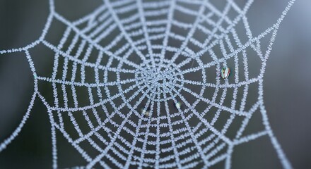 Fototapeta premium Frosty Spiderweb Close-up with Water Droplet Sparkling in the Winter