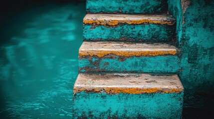 Worn blue steps descend into turquoise water, textured and aged