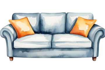 Watercolor Sofa Illustration with Pillows for Home Decor and Design