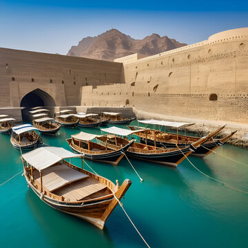 Traditional omani wooden dhow boats under Al Ayjah bridge, Sur, sultanate Oman