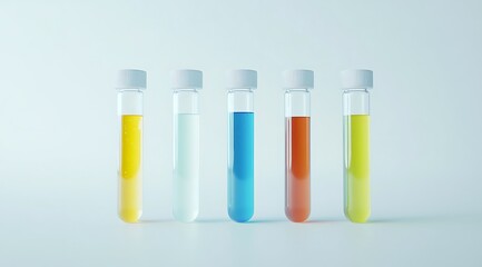 Colorful liquid solutions in test tubes arranged on a light background in a lab setting