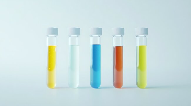 Colorful liquid solutions in test tubes arranged on a light background in a lab setting