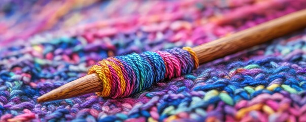 Vibrant multicolored yarn and wooden crochet hook on knitted fabric.