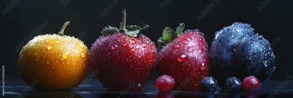 Leinwandbilder fresh fruits with water droplets arranged in a row on a dark background showcasing vivid colors and 