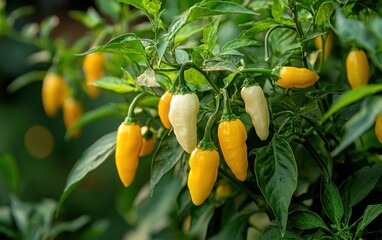Fototapeta premium Close-up view of yellow and white chili peppers growing on a plant with lush green leaves. The peppers are various shades of yellow and off-white, and some appear ripe and ready to be picked