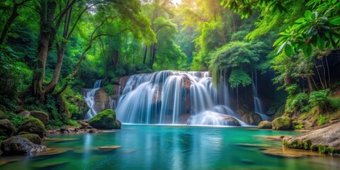 Fototapeta premium waterfall in dense forest, natural scenery, peaceful environment
