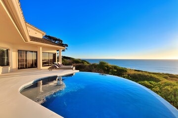 Fototapeta premium A modern villa features an infinity pool that seamlessly blends into the ocean, capturing a stunning sunset. Relaxation areas invite guests to enjoy the beautiful coastal view.