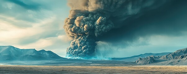 Volcanic ash plume rises into the sky over a barren landscape during daylight hours